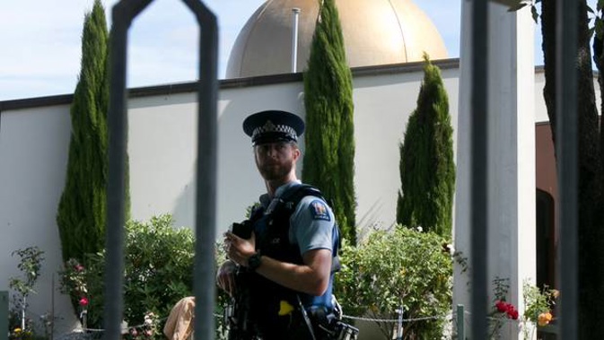 Armed police guard the Masjid Al Noor in Christchurch. (Photo / NZ Herald)