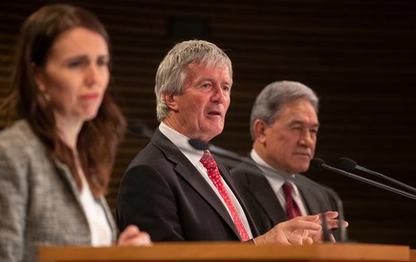Agriculture Minister Damien O'Connor, flanked by PM Jacinda Ardern and Deputy PM Winston Peters, during the post-Cabinet press conference at Parliament. (Photo / Mark Mitchell)