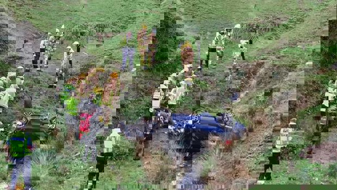 Kerry Jordan's battered car came to a stop after rolling 45 metres down a steep slope. (Photo / Philips Search and Rescue Trust)