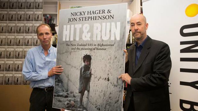 Authors Nicky Hager, left, and Jon Stephenson during the launch of their book, Hit & Run.