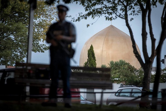 Armed Police guard the Masjid Al Noor, Deans Avenue Mosque, Christchurch. (Photo / Michael Craig)