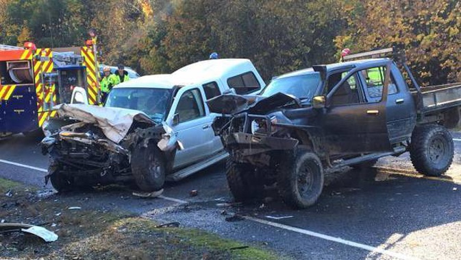Two vehicles were written off and all three people involved in a crash on State Highway 8 last year were hospitalised (Image / NZH)