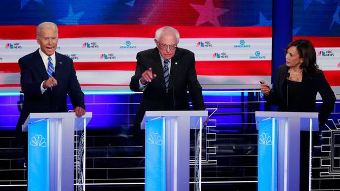 Democratic hopefuls (from left) Joe Biden, Bernie Sanders and Kamala Harris were among the most vocal during the debate. Photo / AP