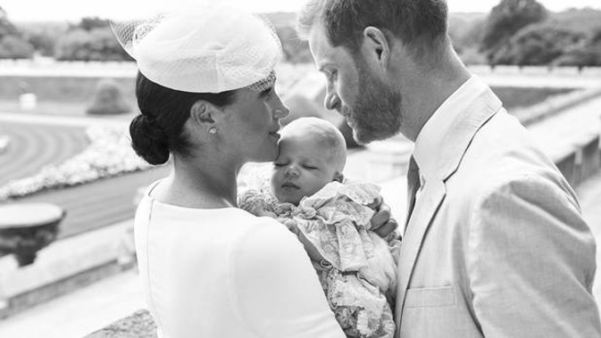 Prince Harry and Meghan, the Duchess of Sussex with their son Archie Harrison Mountbatten-Windsor at the christening. Photo / Sussex Royal