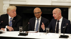President Donald Trump, Microsoft CEO Satya Nadella, and Amazon CEO Jeff Bezos at White House meeting in July 2017. (Photo / AP)