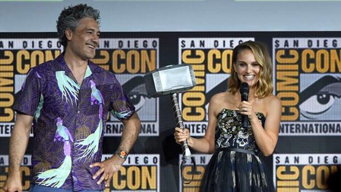 Taika Waititi and Natalie Portman speak at the Marvel Studios Panel during 2019 Comic-Con International in San Diego. (Photo / Getty)