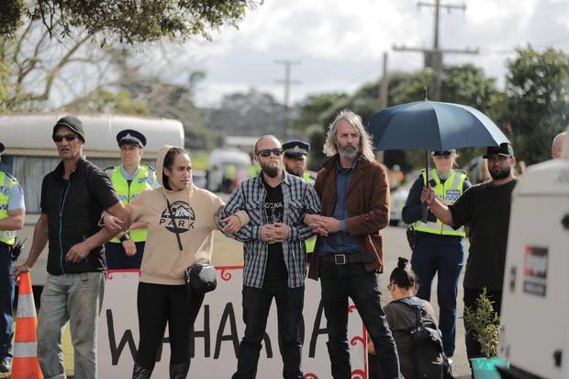 Police and protesters block Ihumatao Quarry Rd, Mangere, Auckland. (Photo / Michael Craig)