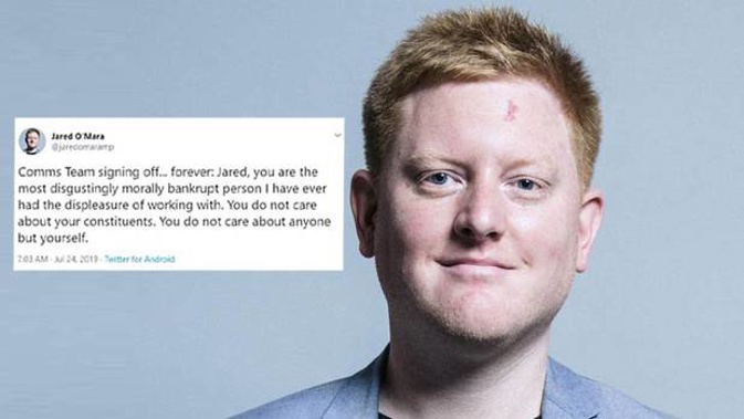 An apparent aide of former UK Labour MP Jared O'Mara has publicly resigned on his former's boss' Twitter account, branding him a "selfish, degenerate p****". (Photos / Twitter)