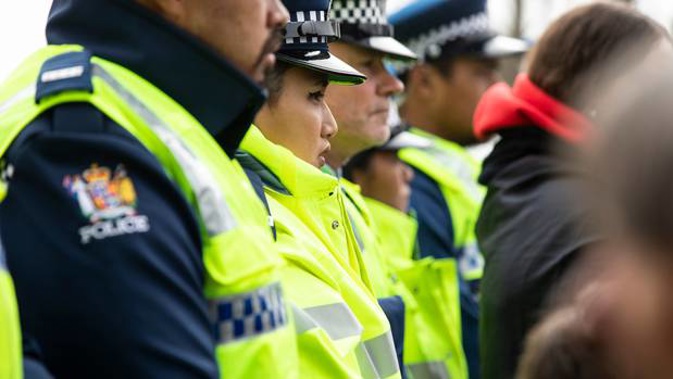 Protesters and police at the Ihumātao site in Māngere. (Photo / RNZ, Dan Cook)