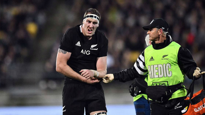 Brodie Retallick of the All Blacks suffers a dislocated shoulder during the 2019 Rugby Championship Test Match between New Zealand and South Africa. (Photo / NZ Herald)
