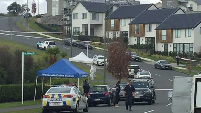 Police at the scene of a fatal stabbing on Westgate Drive, Massey, yesterday. (Photo / Dean Purcell)