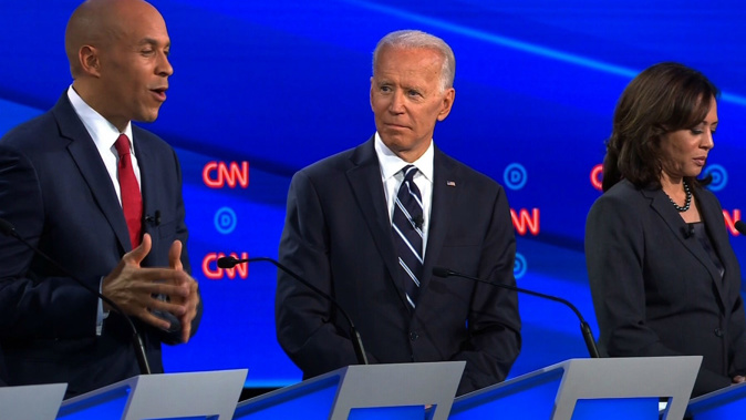 Cory Brooker, Joe Biden and Kamala Harris during the debate. (Photo / CNN)