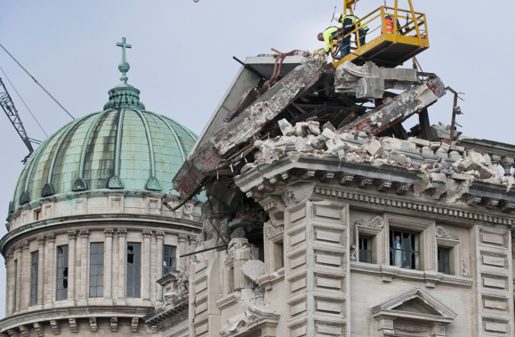 Workers dismantle masonry from the Cathedral of the Blessed Sacrament back in April 2011. (Photo / File)