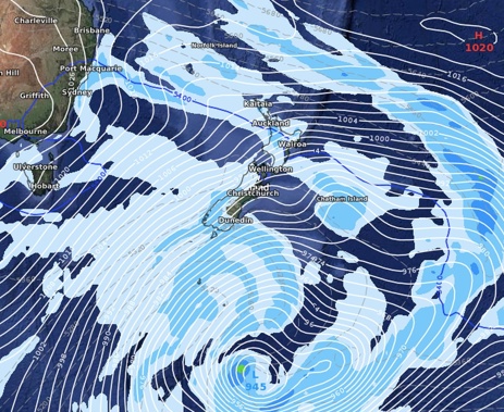 The low in the Southern Ocean is forecast to rapidly deepen on Monday as air pressure drops to 945hPa. Image / Weatherwatch.co.nz