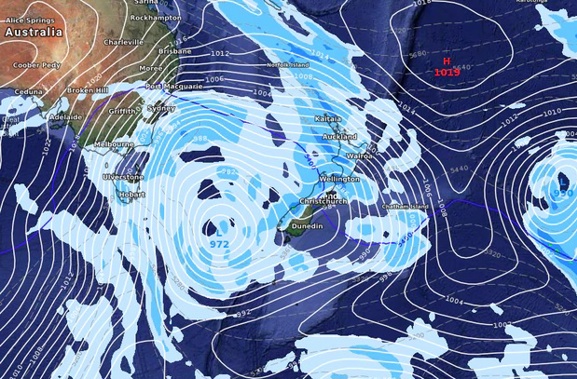 The storm as forecasted brewing in the southern Tasman Ocean at noon on Sunday. (Image / weatherwatch.co.nz)