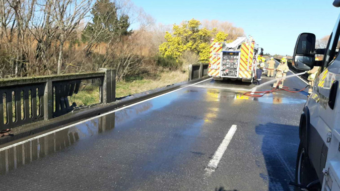 Rakaia Bridge where the tanker came off the road. (Photo / Newstalk ZB)