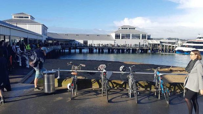 Hundreds of people queue at Devonport Ferry Terminal waiting on delayed Fullers vessels. Photo / Supplied