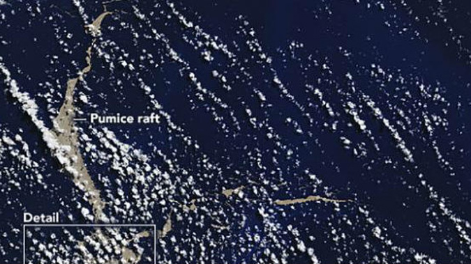 A giant 'pumice raft' has been captured by satellites. (Photo / NASA)