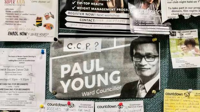 A flyer showing an image of councillor Paul Young and the intials of the Chinese Communist Party - CCP . Photo / Supplied