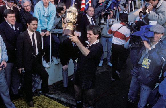 All Black captain David Kirk holds the World Cup at the Rugby World Cup Final (Photo: Photosport)