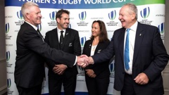 NZ Rugby CEO Steve Tew and World Rugby Chairman Bill Beaumont shake hands after New Zealand was announced as the winning bid for Women's Rugby World Cup 2021. Photo / Photosport