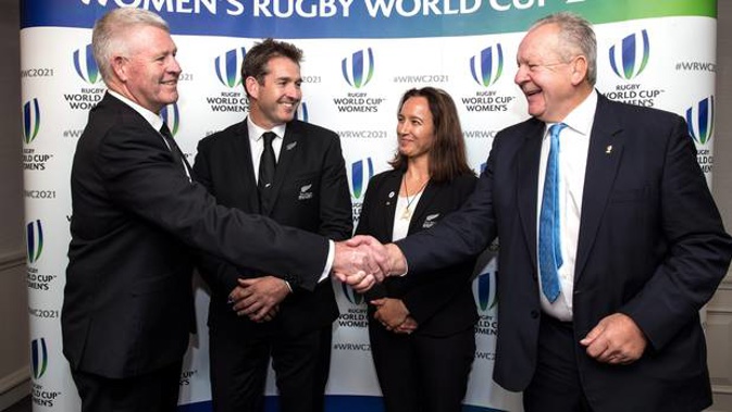 NZ Rugby CEO Steve Tew and World Rugby Chairman Bill Beaumont shake hands after New Zealand was announced as the winning bid for Women's Rugby World Cup 2021. Photo / Photosport