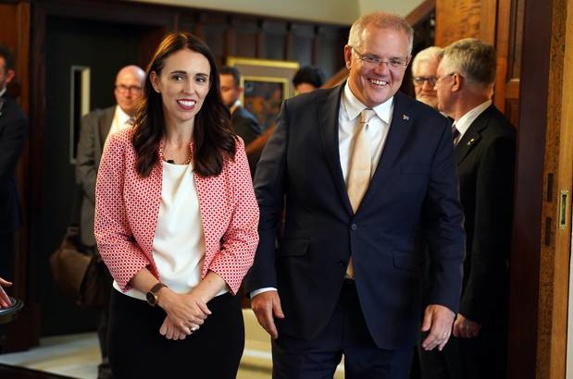 Scott Morrison with Jacinda Ardern in Auckland in February. Photo / Pool