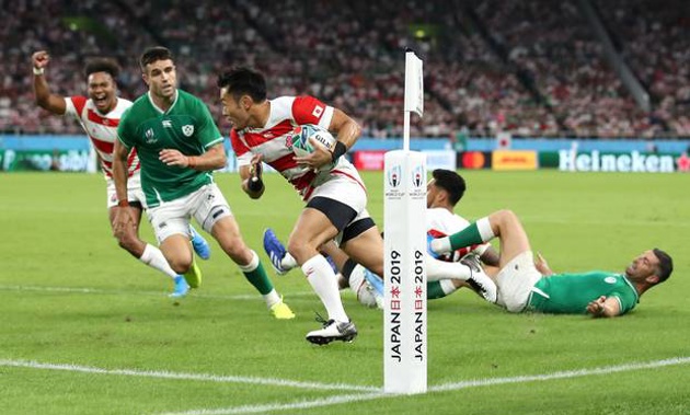 Japan's Kenki Fukuoka of Japan runs with the ball to score his side's first try during the Rugby World Cup 2019 Group A game against Ireland at Shizuoka Stadium. (Photo / Getty)