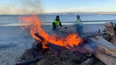 The first fire lit at sunrise to guide the three waka hourua into the bay. (Photo / Twitter, RNZ)