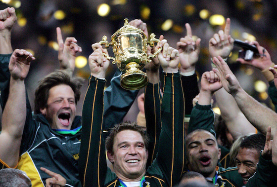 South African captain John Smit holds aloft the William Webb Ellis Trophy. England versus South Africa, Rugby World Cup Final Stade de France, Paris, France. (Photo: Photosport)