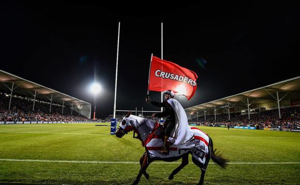 A horseman during the Super Rugby final with the sword-less logo. (Photo / Photosport)