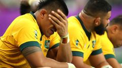 Allan Alaalatoa of Australia looks dejected on the bench. Photo / Getty