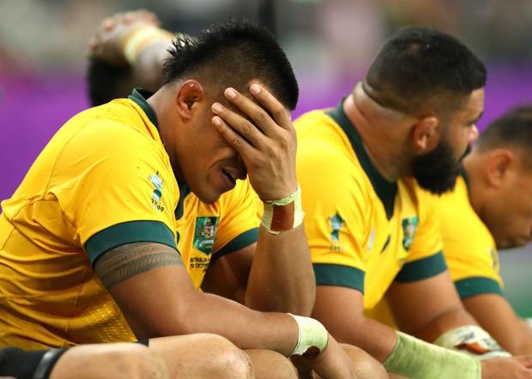 Allan Alaalatoa of Australia looks dejected on the bench. Photo / Getty