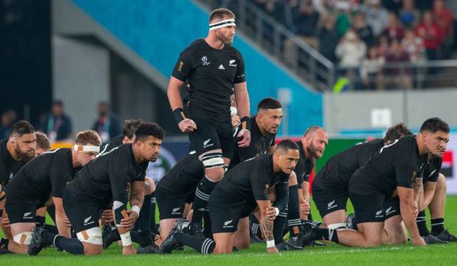 Captain Kieran Read stalks to the front of the formation during the All Blacks' spirited haka before their 46-14 victory over Ireland. Photo / Mark Mitchell