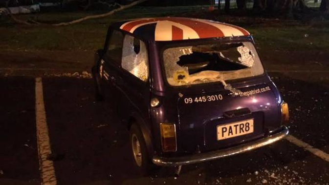 Devonport pub The Patriot's beloved car Myrtle was smashed up overnight following the All Blacks' shocking loss to England in the Rugby World Cup semifinal. (Photo / Facebook)