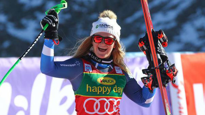 Alice Robinson celebrates after winning an alpine ski, women's World Cup giant slalom in Soelden, Austria. (Photo / AP)