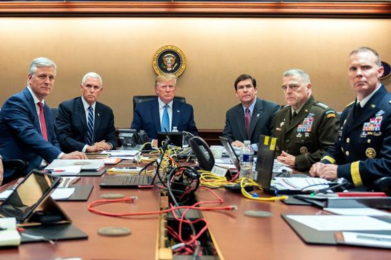 President Trump with, from left: National Security Adviser Robert O'Brien, VP Mike Pence, Defense Secretary Mark Esper, Joint Chiefs Chairman Gen. Mark Milley and Brig. Gen. Marcus Evans. Photo / AP