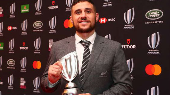 TJ Perenara of New Zealand poses after winning the International Rugby Players Try of the Year award. Photo / Getty