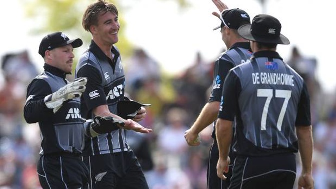 Black Caps bowler Blair Tickner celebrates a wicket. Photo / Getty