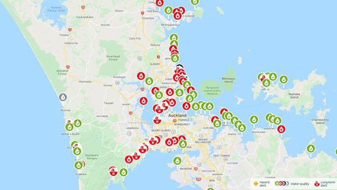 Alerts issued today on Auckland Council's Safeswim website. (Image / Safeswim)