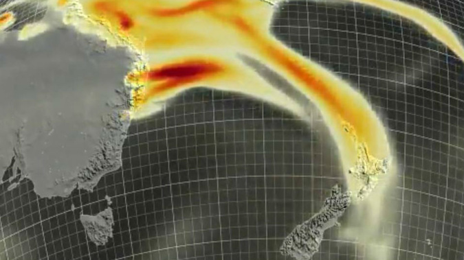 Weather maps show the smoke plume heading towards New Zealand. (Image / NIWA)