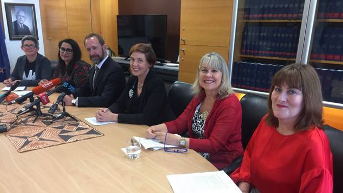 Help foundation chief executive Conor Twyford, left, Kyla Rayner of Wellington Rape Crisis, Justice Minister Andrew Little, Justice Under-Secretary Jan Logie, Chief Victims' Adviser Kim McGregor and lawyer Steph Dyhrberg. Photo / Derek Cheng