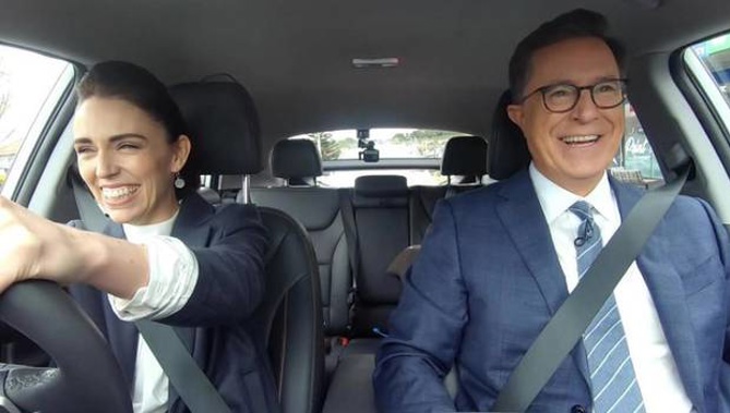 Jacinda Ardern and Stephen Colbert on the Late Show. Photo / Supplied