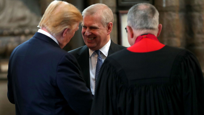 Prince Andrew shakes hands with  Donald Trump in June of this year. (Photo / Getty)