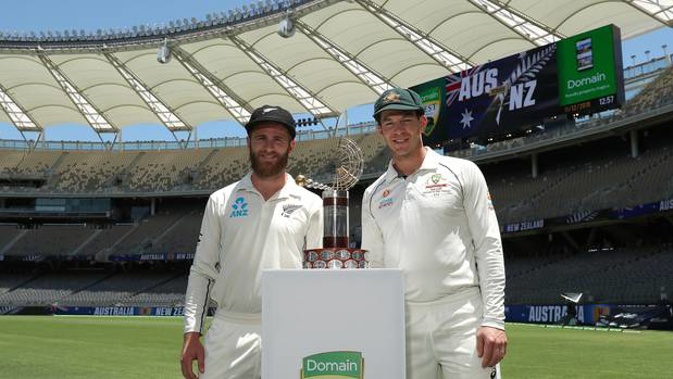 Kane Williamson of New Zealand and Tim Paine of Australia pose with the Trans-Tasman trophy. Photo / Getty