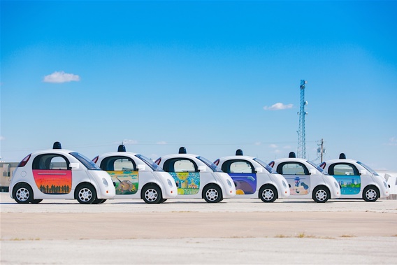 A fleet of Waymo - formerly the Google self-driving car project - prototype cars on display in Los Angeles. (Photo / Google)