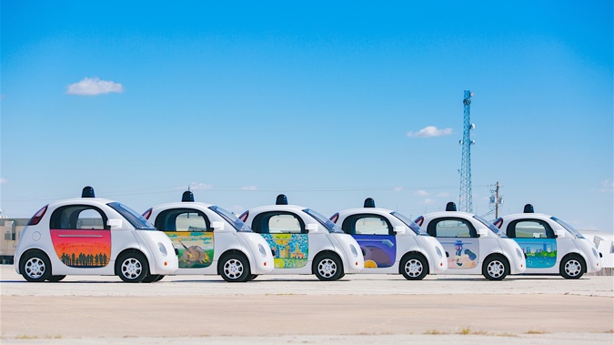 A fleet of Waymo - formerly the Google self-driving car project - prototype cars on display in Los Angeles. (Photo / Google)
