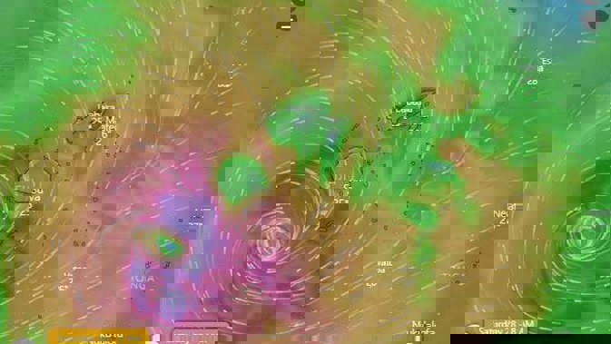 Tropical Cyclone Sarai is bringing in winds of up to 100km/h and at times, 140km/h. Image / www.windy.com