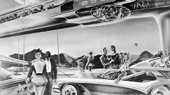 An artist's impression from 1958 of the future of commuting, featuring a monorail to transport people to and from suburbia. (Photo / Getty)