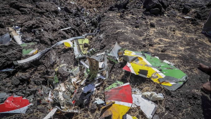 Wreckage lies at the scene of an Ethiopian Airlines flight that crashed shortly after takeoff. (Photo / AP)